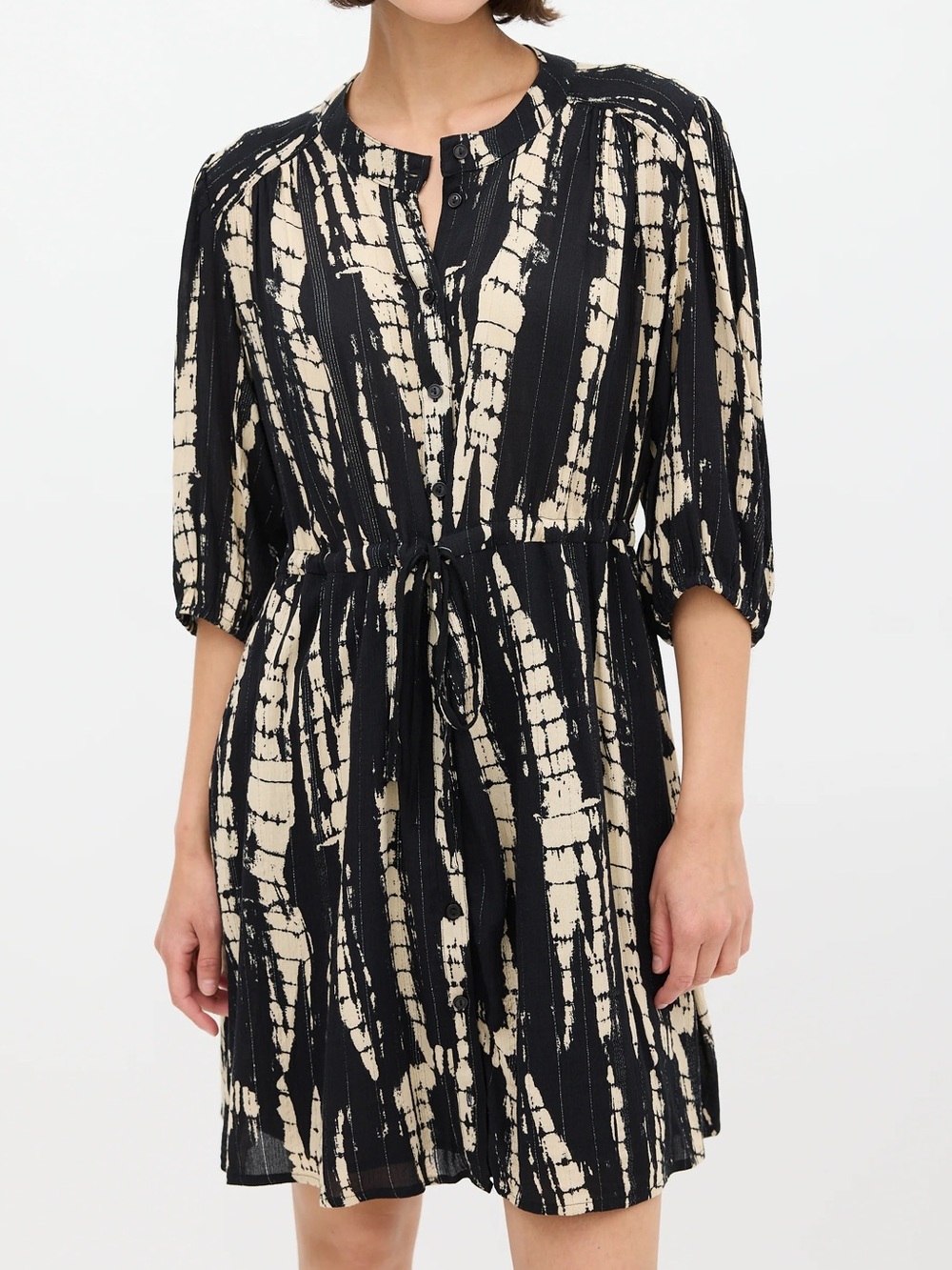 Ba&sh Kenya Tie Dye Shirt Dress Black Noir Cream Metallic Cotton Medium Size 2
